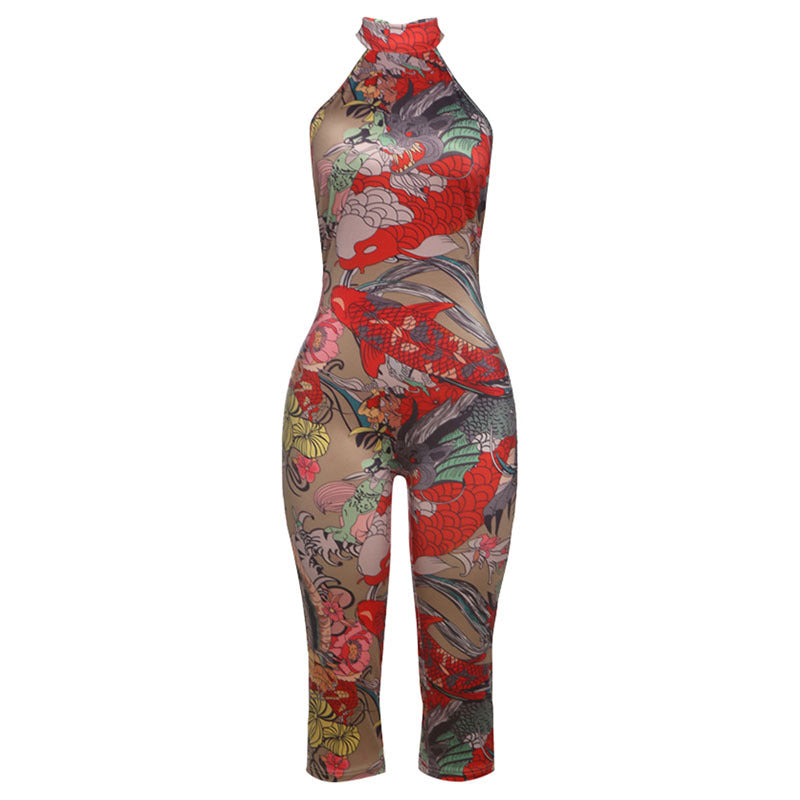 Summer Sexy Backless Halter Lace up Leopard Print Hip Raise Skinny Jumpsuit for Women Bella Mia